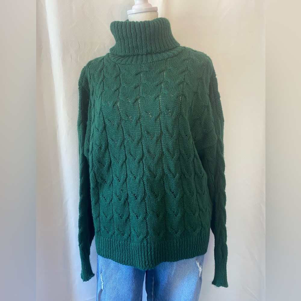 Pistache Dark Hunter Green Braided Cableknit Turtleneck Sweater XL Cozycore